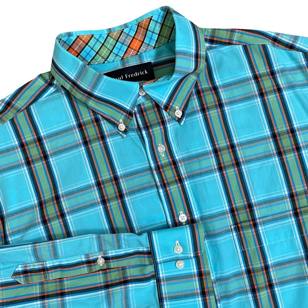 Paul Fredrick Button Down Shirt Mens L Turquoise Plaid Classic Fit Preppy